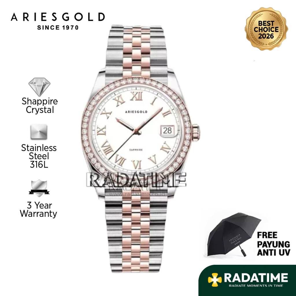 [Best Choice 2026-Sapphire Crystal] Aries Gold Wanita Heritage B-1069R-2TR-RW 316L Stainless Steel 1