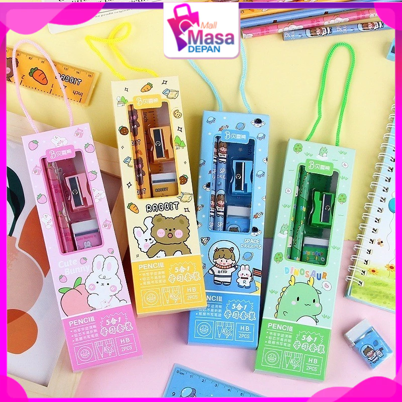 

MMD Stationery Set 5in1 Set Alat Tulis Anak Sekolah Penghapus penggaris Pensil Serutan Karakter Lucu Set Alat Tulis Anak Motif Kartun