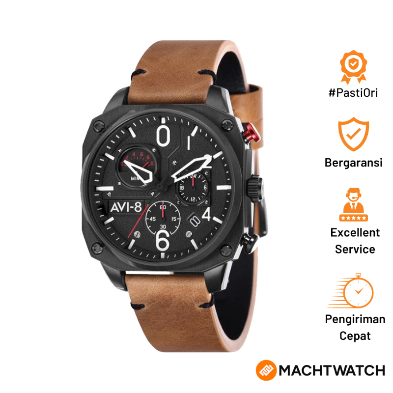 Jam Tangan Pria AVI-8 Hawker Hunter AV-4052-02 Retrograde Chronograph Black Dial Brown Leather Strap