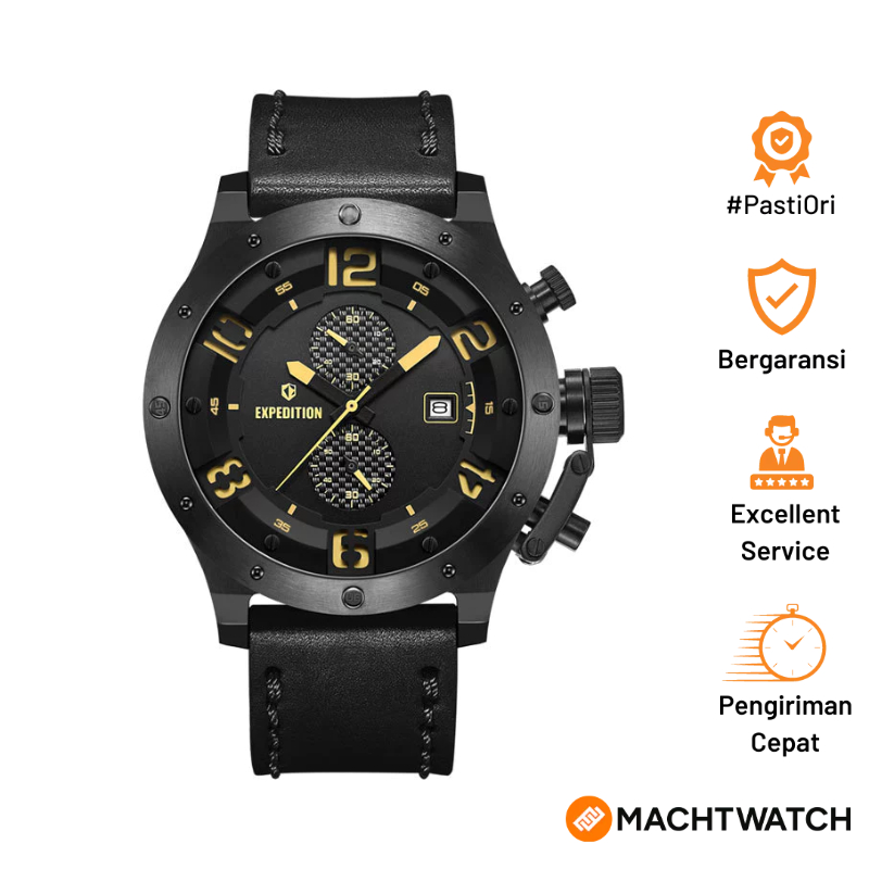 Jam Tangan Pria Expedition Chronograph E 6381 LIPBAIVBO-1 Men Black Dial Black Leather Strap