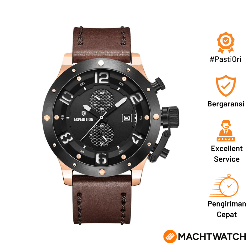 Jam Tangan Pria Expedition Chronograph E 6381 MCLBRBA-1 Men Black Dial Brown Leather Strap