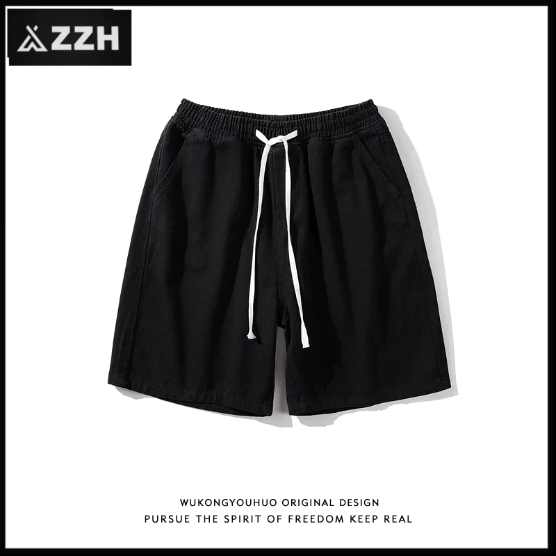 Celana jeans pendek pria celana jeans pria celana pinggang karet celana hitam loose pants wide leg j