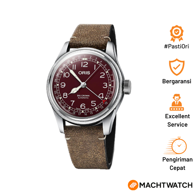 Jam Tangan Pria Oris Big Crown Pointer Date 01-754-7741-4068-07-5-20-50 Men Red Dial Brown Leather S