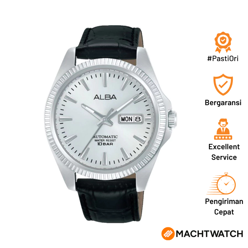 Jam Tangan Pria Alba Mechanical AL4813X1 Automatic Men Silver Dial Black Leather Strap