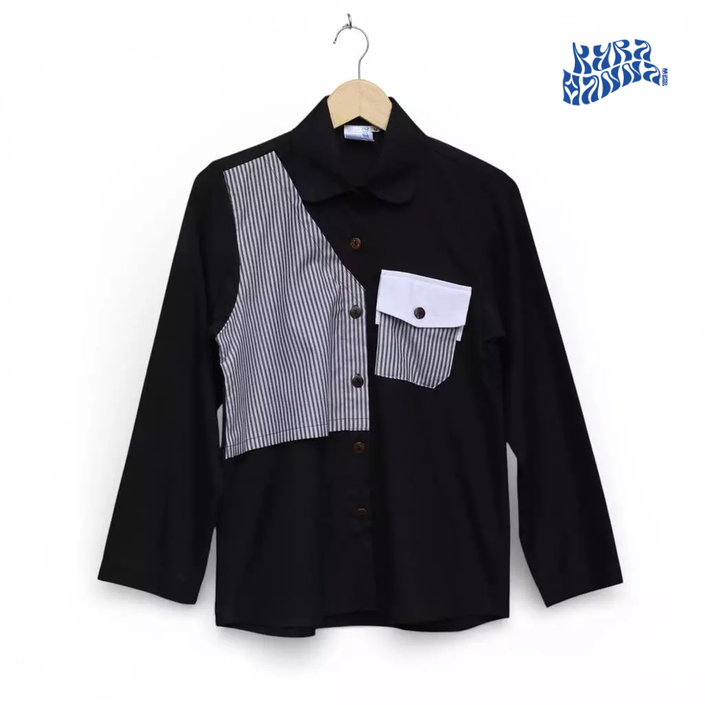 Kemeja Wanita Kombinasi Stripe Salur Premium - Atasan Blouse Kerja Korea Style - Baju Kantor Casual 