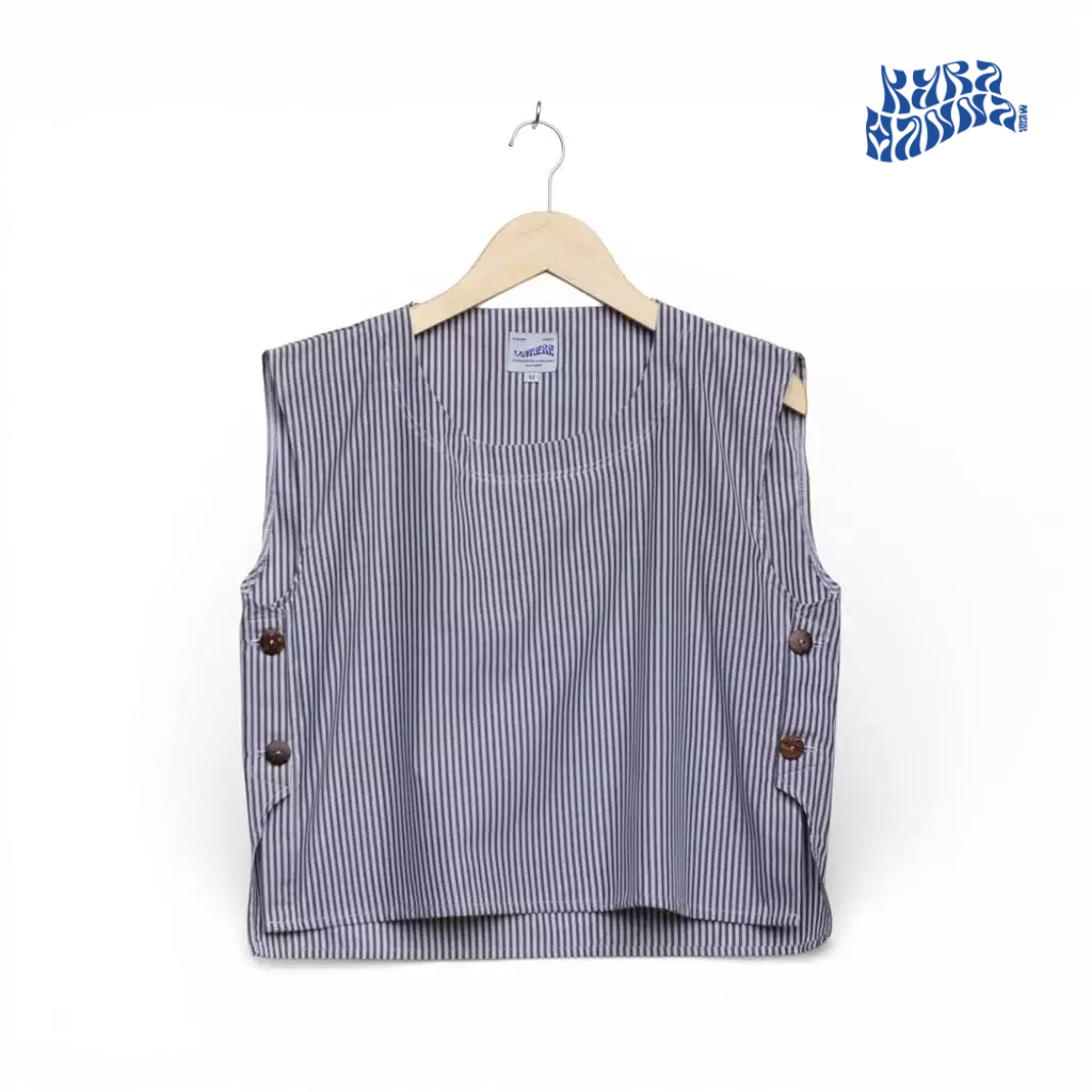 Striped Vest Rompi Wanita - Atasan Luaran Salur Abu-Abu Trendy - Rompi Oversize Motif Garis Hijab Fr