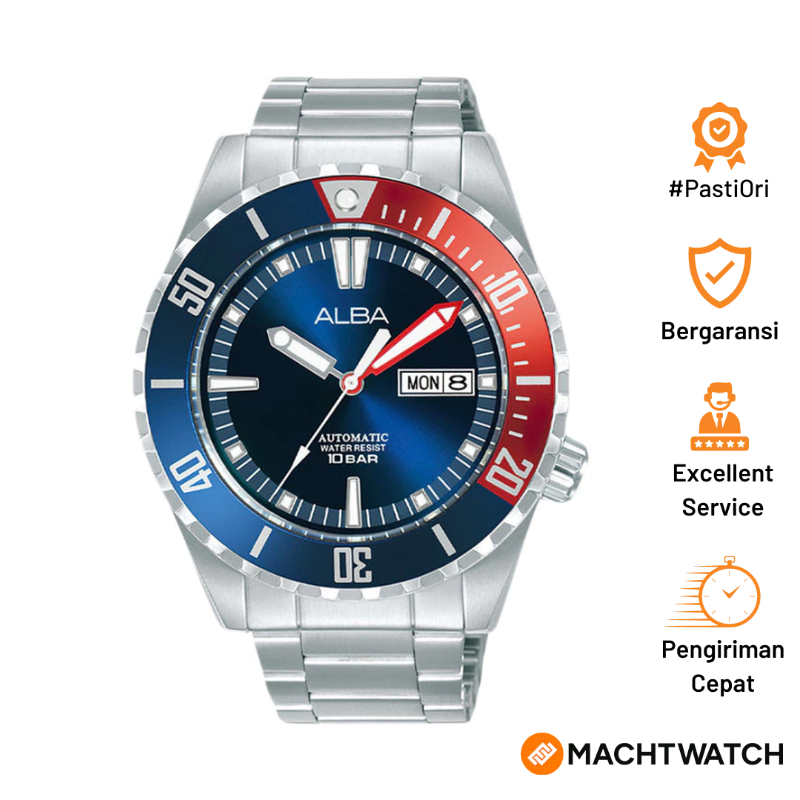 [PAYDAY] Jam Tangan Pria Alba Mechanical AL4695X1 Automatic Men Pepsi Blue Dial Stainless Steel Stra