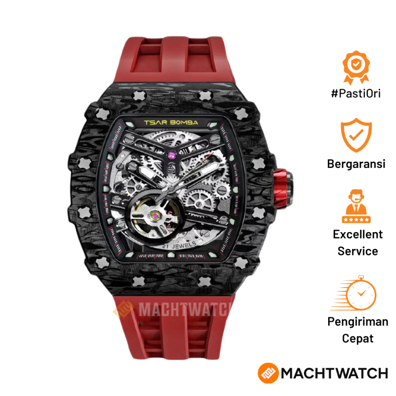 Jam Tangan Pria Tsar Bomba Elemental TB8208CF-39 Automatic Carbon Fiber Bezel Red Rubber Strap