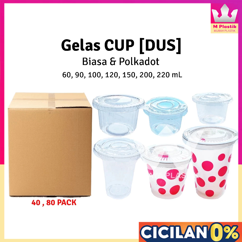 [1 DUS] Aneka Gelas Plastik BENING & POLKADOT ( 60 90 100 110 120 150 200 220 ml ) --- 40 80 pack @D