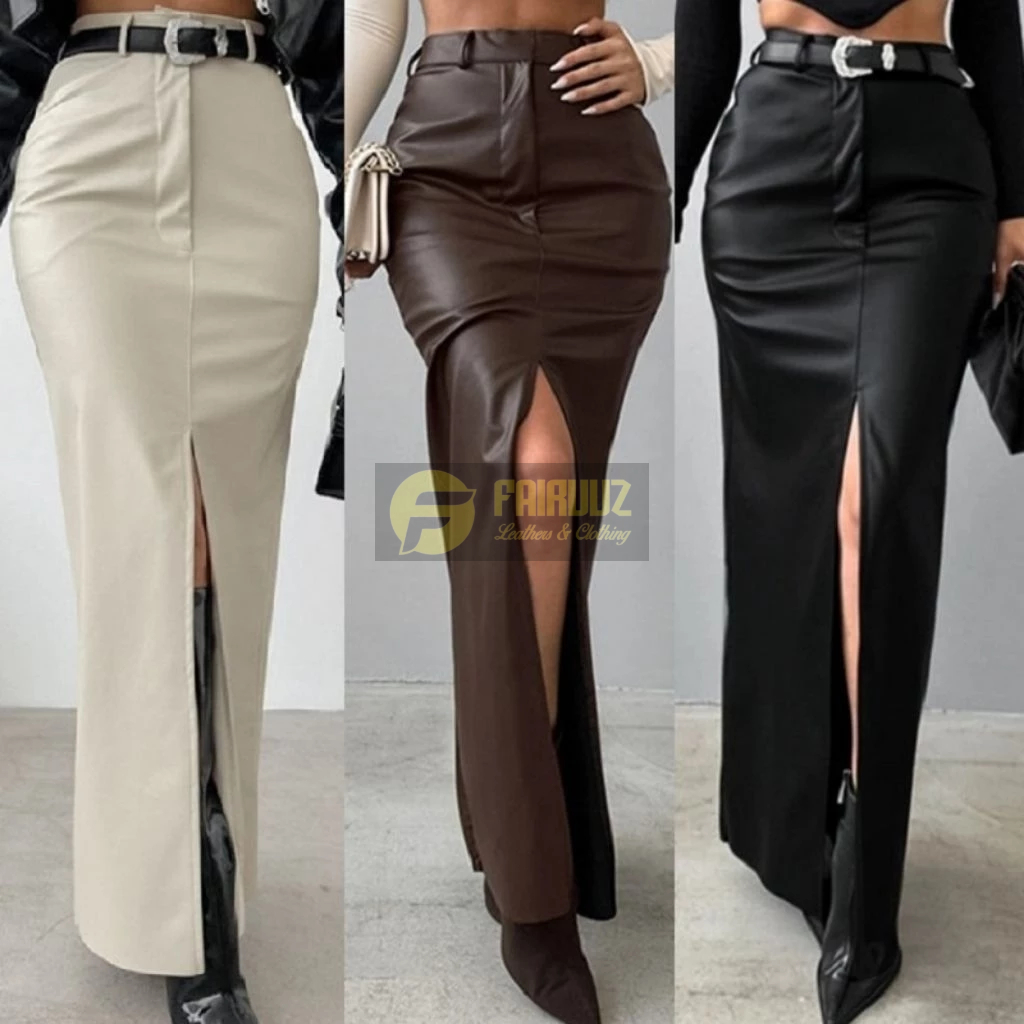 Rok Kulit PU Leathers Rok Wanita Rok Maxi Panjang High Waist Slim Ramping Slit Depan Seksi