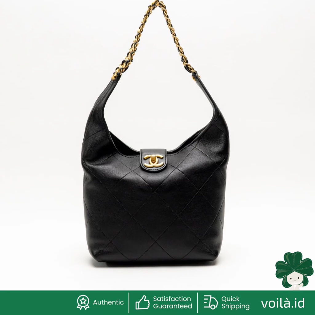 Chanel Small Hobo Bag Shiny Lambskin Leather Black Ghw