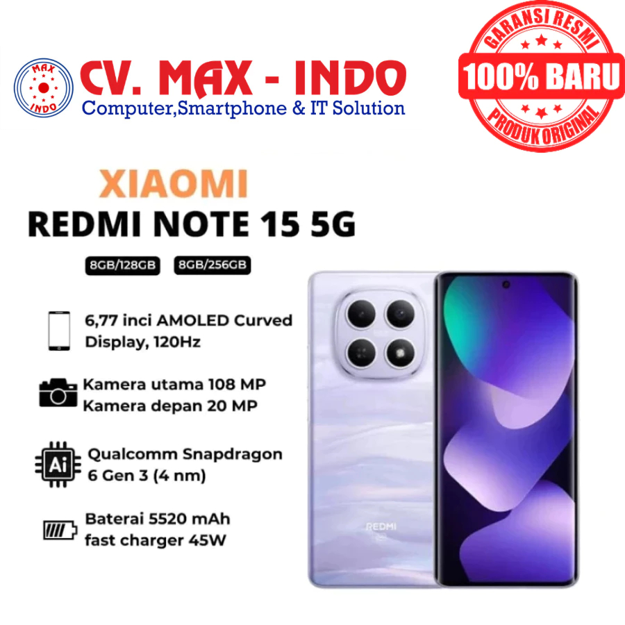 XIAOMI SMARTPHONE REDMI NOTE 15 5G 8 GB/256 GB 6.77" GARANSI RESMI