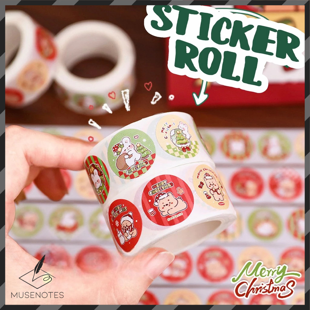 Sticker Roll Christmas Natal Xmas Isi 300 PCS Rabbit dan Bear Bulat Cute Stiker DIY Roll A-SK004