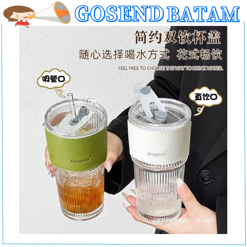 GOSEND Tumbler Air Minum Kapasitas 600ml Botol Minum Kaca Aesthetic Glass Straw Cup Jus Kopi Teh Den