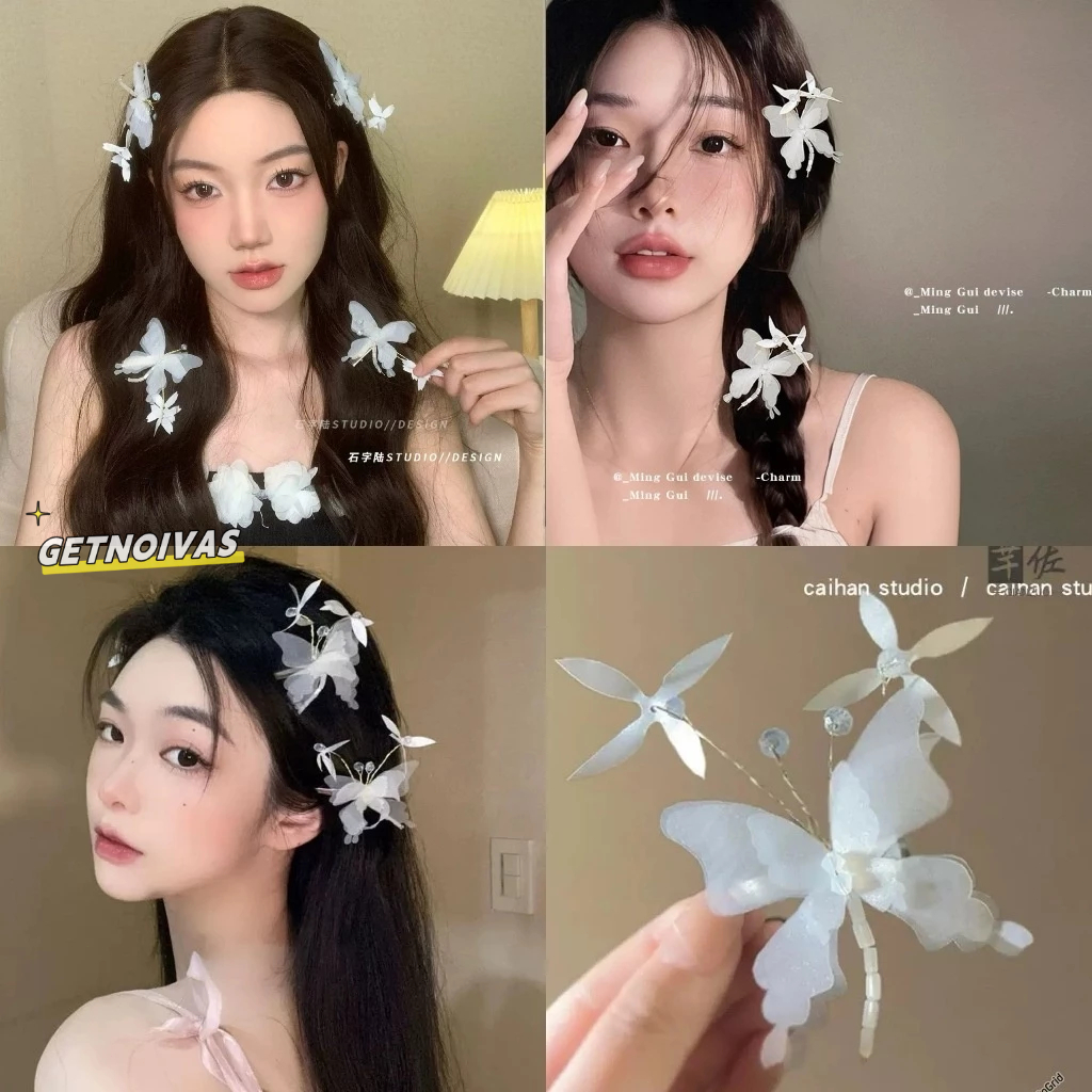 Cucuk Rambut Peri Hutan Organza 3D Hidup - Aksesori Elegan dengan Desain Kupu-Kupu Mencintai Bunga u