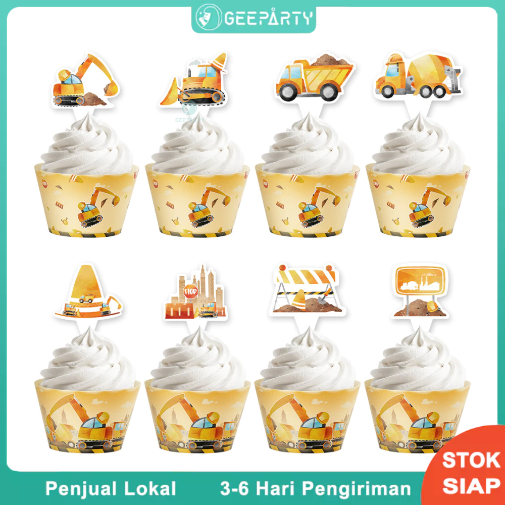 16 pcs Topper Cupcake Konstruksi Pembungkus Cupcake Ekskavator Truk Pengangkut Dekorasi Kue Ulang Ta