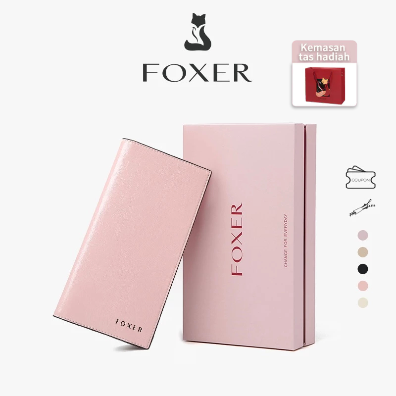 FOXER Dompet Panjang Wanita Dompet Kulit Sapi Wanita Untuk Koin Dompet Panjang Ultra Tipis Dengan Ba