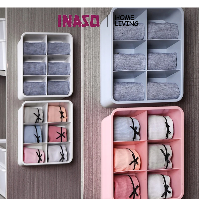 INASO Storage Organizer Underware 6 Petak  Box Kotak Penyimpanan Kaos Kaki Pakaian Dalam Rak Tempel 
