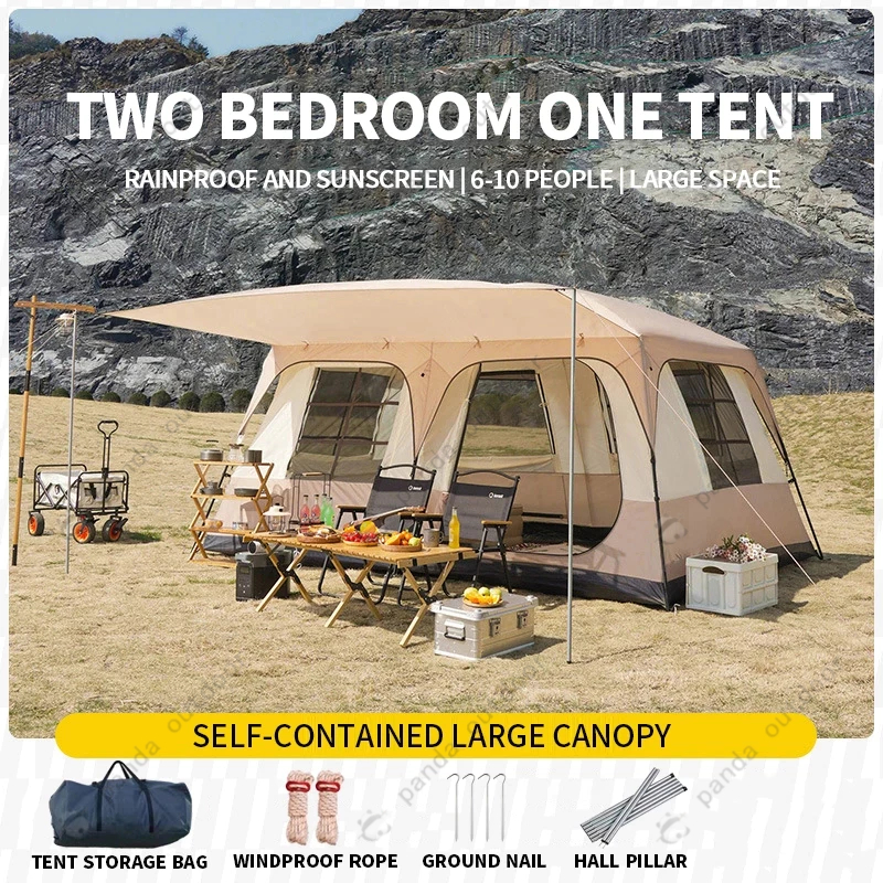 8/10/12 orang tenda besar dengan dua kamar tidur dan satu area ruang tamu, dilengkapi dengan vestibu