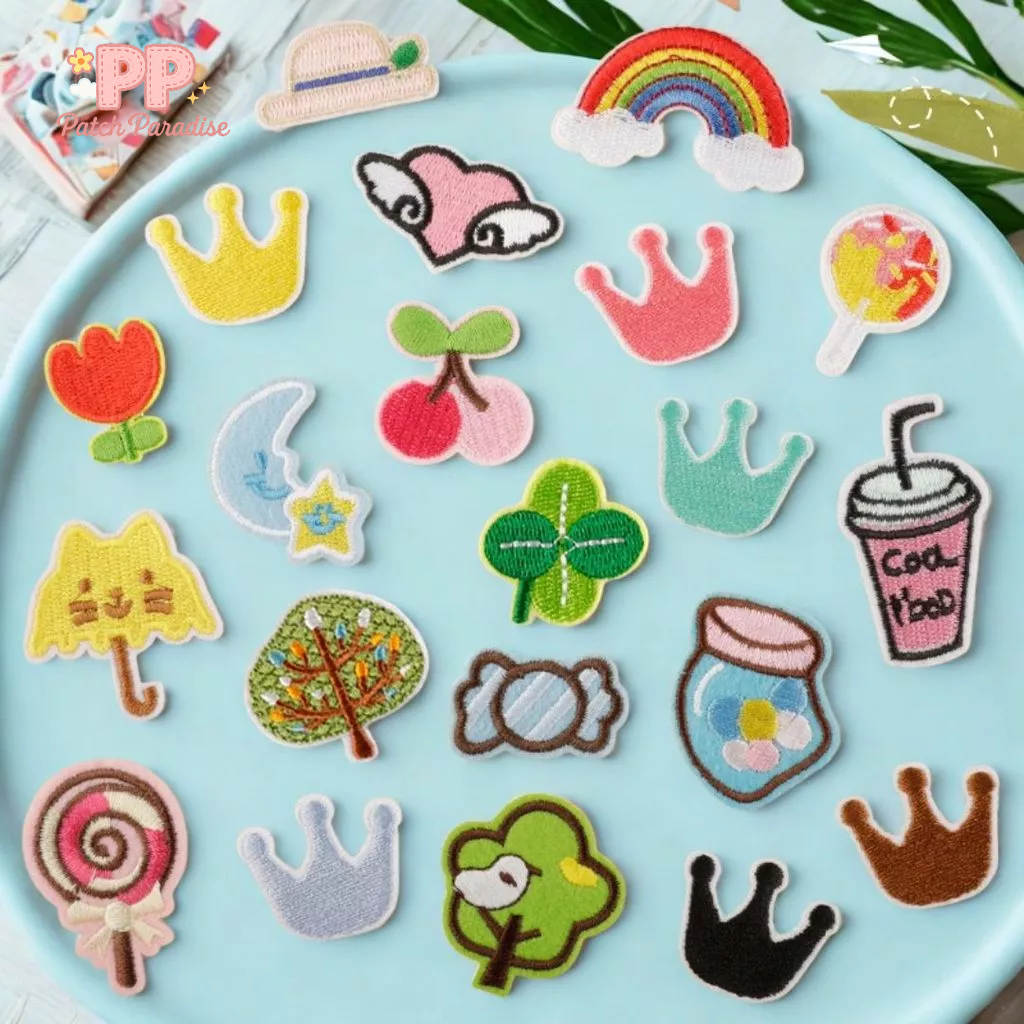 Patch Bordir Kartun Candy & Crown Korea Wappen Rainbow, DIY Iron-On/Tempel, Aksesoris Baju Anak