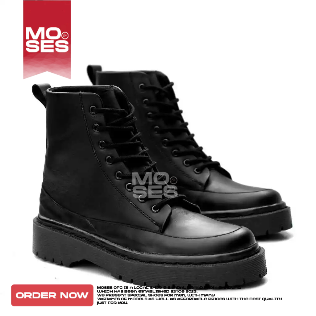 MOSES Sepatu Pria Boots Kulit Asli Hitam Hak Tinggi Pria Kerja