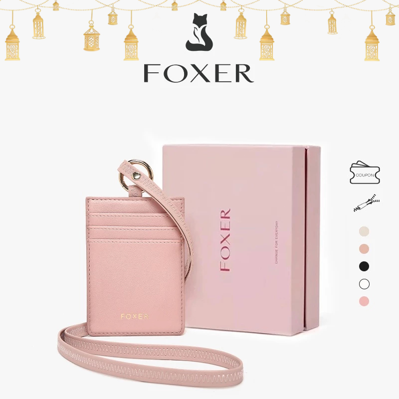 FOXER Tempat Kartu Lanyard Bahan Kulit Asli Tempat Kartu Kerja Tempat Kartu Nama Tempat Kartu Kredit