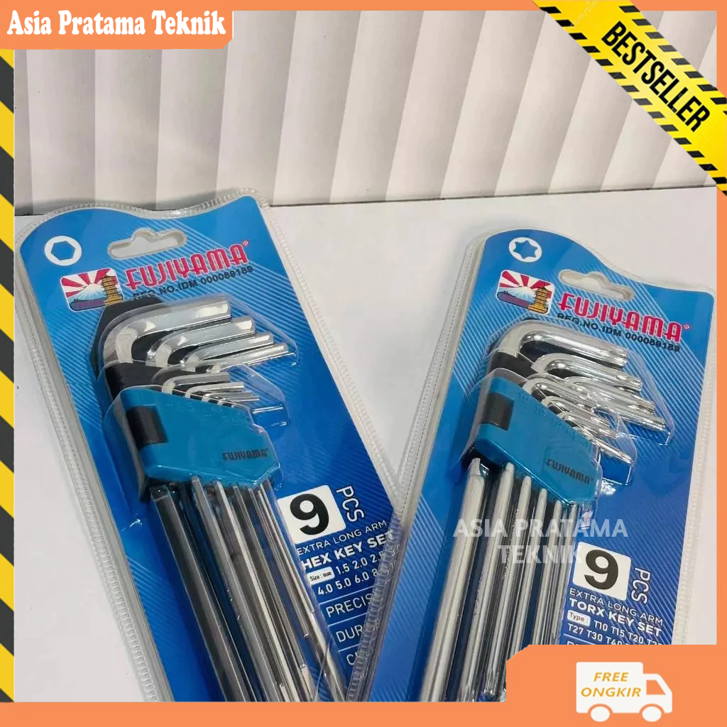 Kunci L set lengkap Fujiyama  9pcs 1,5-10mm panjang / Kunci L bintang T10-T50 9pcs lubang panjang