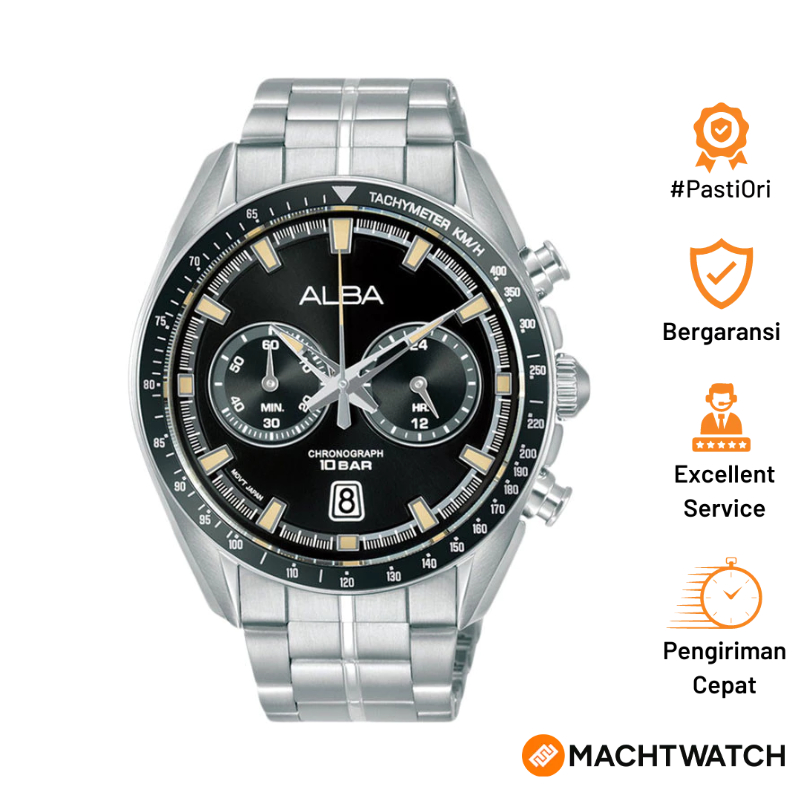 Jam Tangan Pria Alba Signa A4B015X1 Chronograph Men Black Dial Stainless Steel Strap