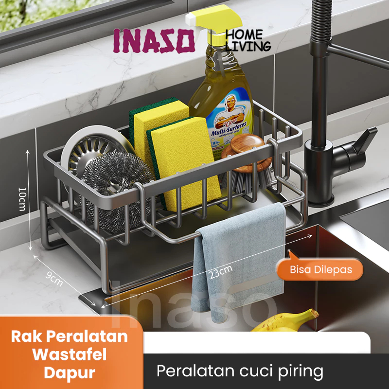 INASO Rak Wastafel Cuci Piring Stainless Portable Rak Pengering Gantungan Wastafel Tempat Spon Dapur