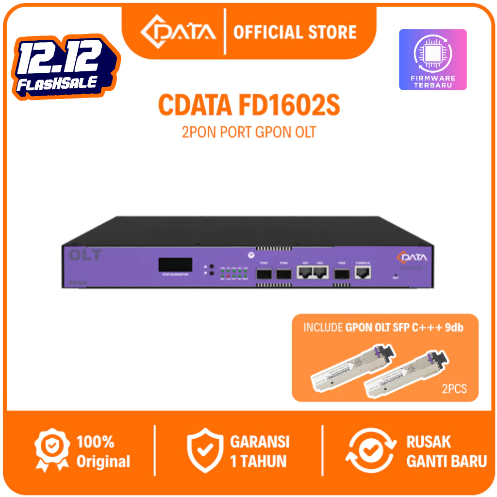 CDATA GPON OLT FD1602S - OLT GPON 2 port Mini FTTH - Rack 1U - PSU AC+BBU