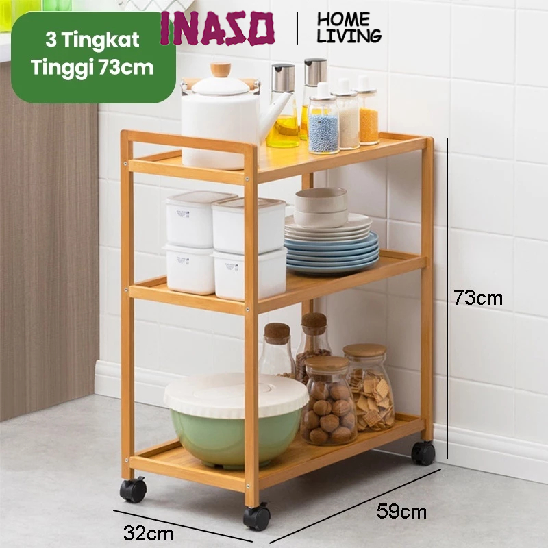 INASO Rak Kayu Bumbu Tempat Penyimpanan Rak Dapur Susun Kayu Roda Rak Panci Rak Sepatu Minimalis Rak