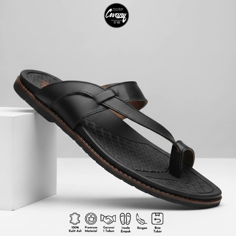 Sandal Jepit Pria  Black kulit asli  Outdoor || Sandal Nyaman Ergonomis - IMPLUSE TEVEZ