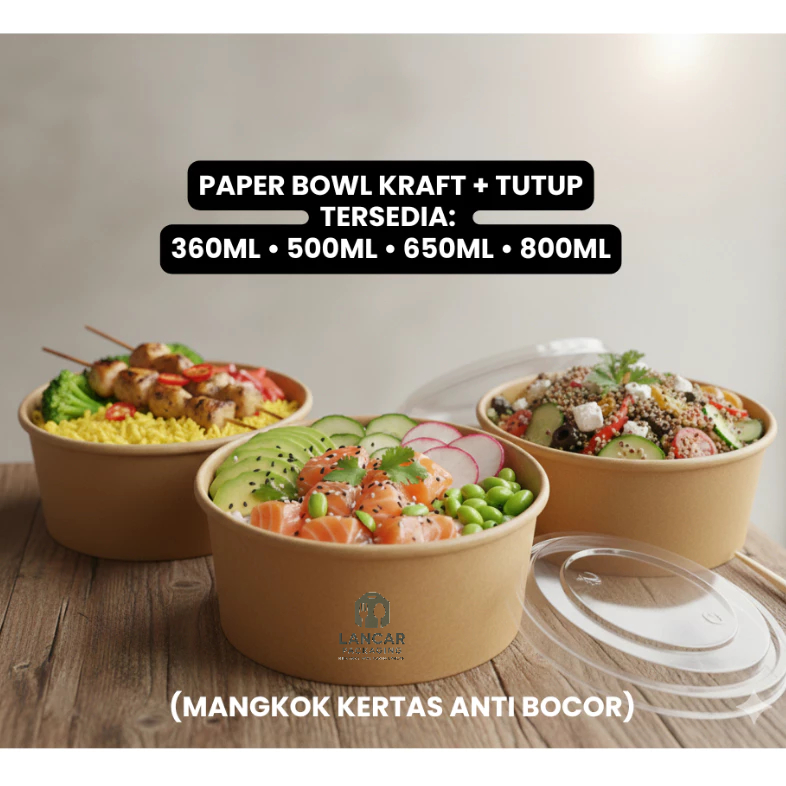 (25 Pcs) Paper Bowl Kraft Coklat Laminasi + Tutup – Rice Bowl Kertas Mangkok Food Grade Anti Bocor