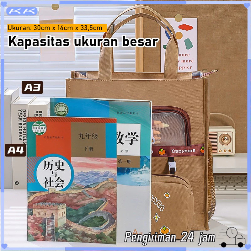 (Ready) Kapibara Tas Les Kapasitas Besar Tas Bahu Buku Siswa Tas Jinjing Tas Dokumen Kanvas Tahan Ai