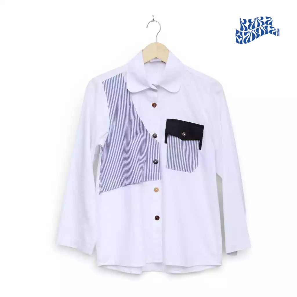 Kemeja Wanita Kombinasi Stripe Salur Premium - Atasan Blouse Kerja Korea Style - Baju Kantor Casual 