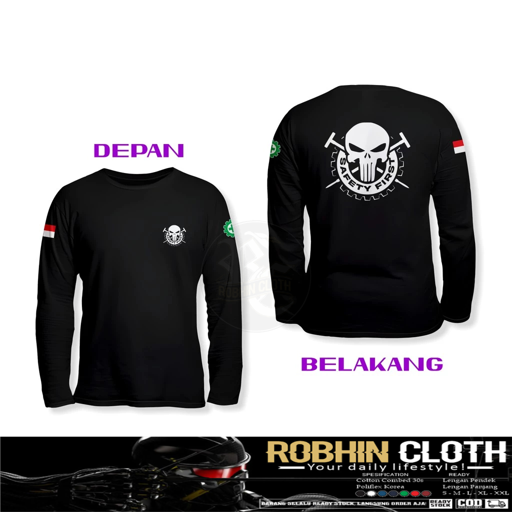 Kaos Baju SAFETY FIRST Tojok Sawit Desain Tengkorak Petani Sawit DB Lengan Panjang Kaos Distro