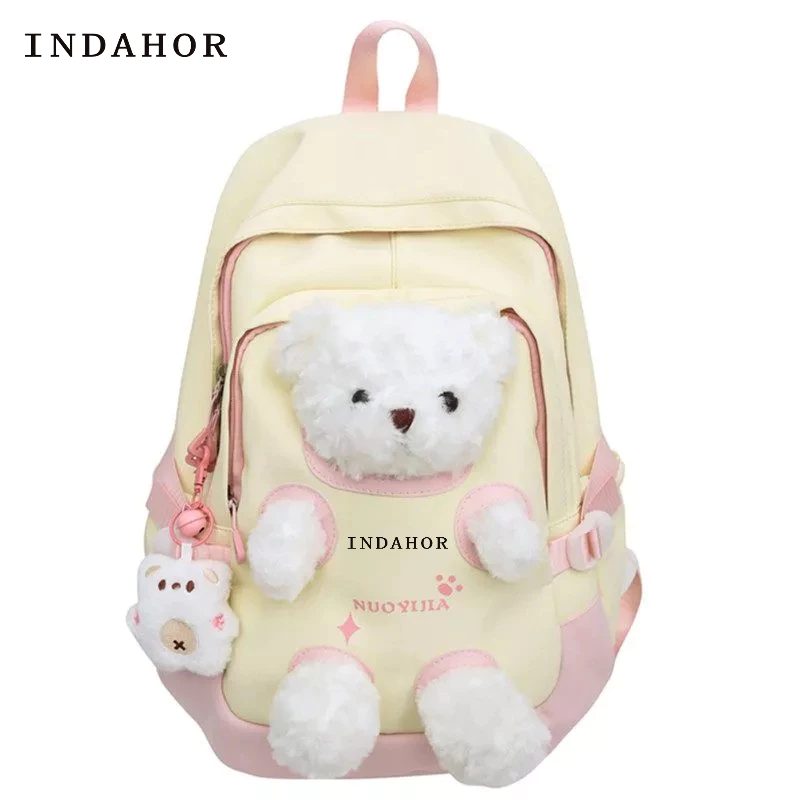 INDAHOR Tas Sekolah Lucu Beruang Ransel Wanita Korea Tas Ransel Mahasiswa Gaya Kuliah Kartun Ransel 