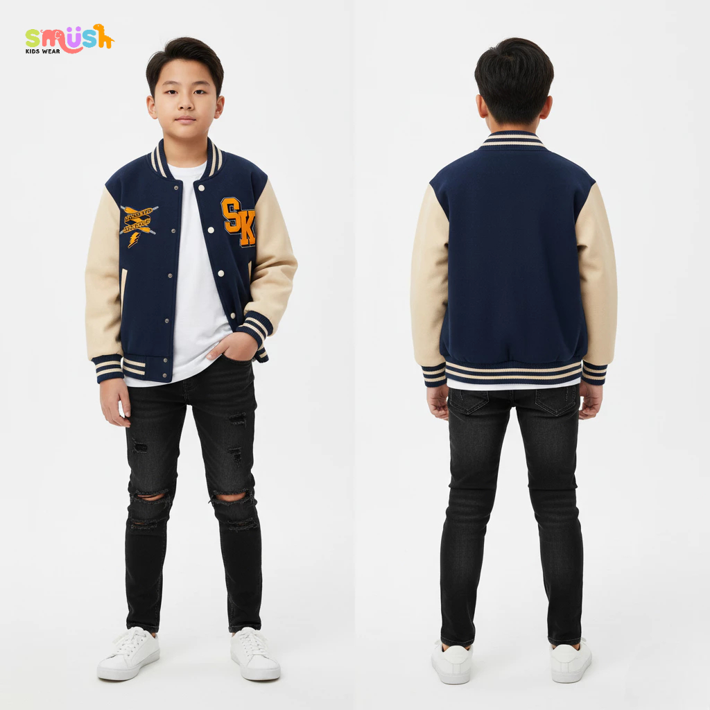 SMUSHKIDS Jaket Varsity Baseball Anak Laki Laki Stay Laced SK Usia 9-12 Tahun Bahan Fleece