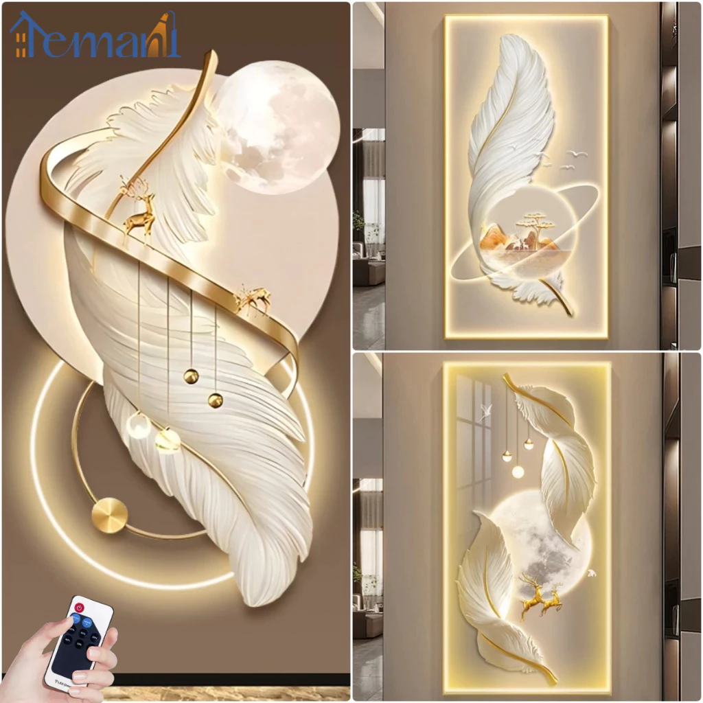 Lampu Dinding Minimalis Lampu Hias Dinding 100cm Lampu Bulu Putih Lampu Daun LED Remote Dekorasi Sof