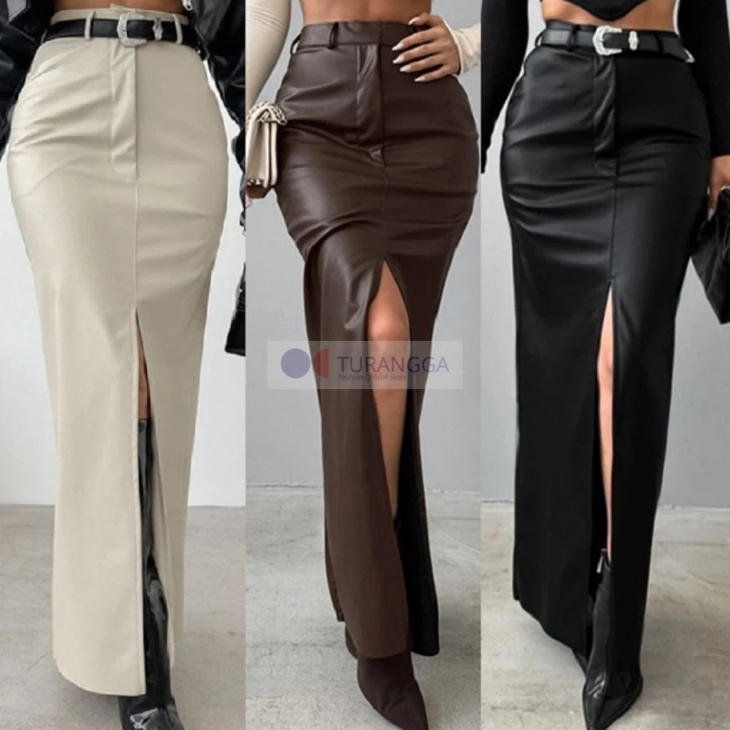 Rok Kulit PU Leathers Rok Wanita Rok Maxi Panjang High Waist Slim Ramping Slit Depan