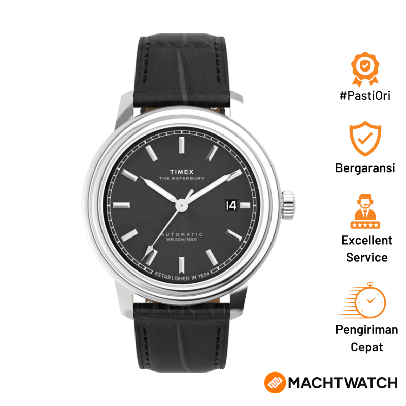Jam Tangan Pria Timex Waterbury TW2Y23000 Metropolitan Automatic Black Dial Black Leather Strap