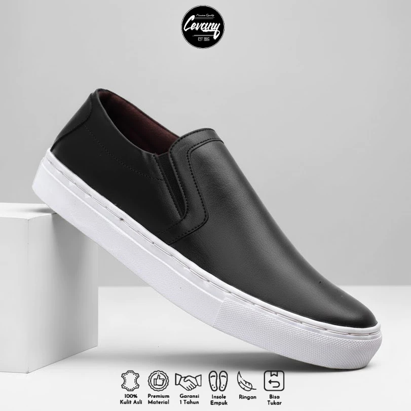 CEVANY - Sepatu Casual Kulit Asli 100% Slop Hitam Coklat 39-43 - MORI