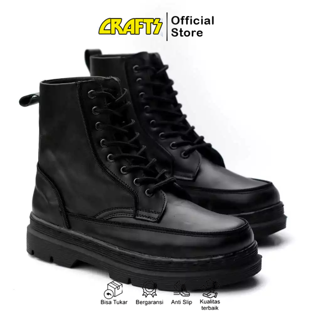 Sepatu Boots High Hitam Kulit Asli Pria Kerja Kekinian