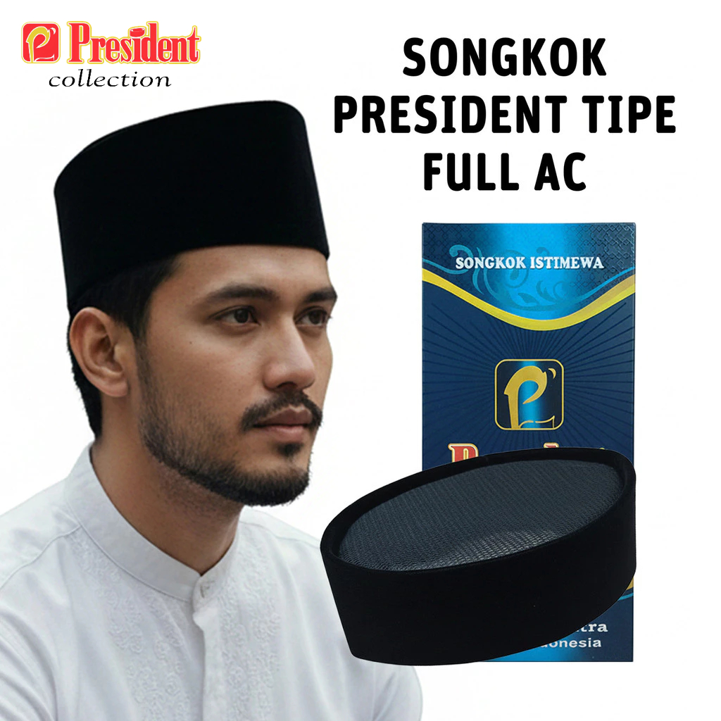 PRESIDENT – Songkok Hitam PRESIDENT Full AC Songkok Hitam Beludru Berkualitas Tidak Mudah Kuning