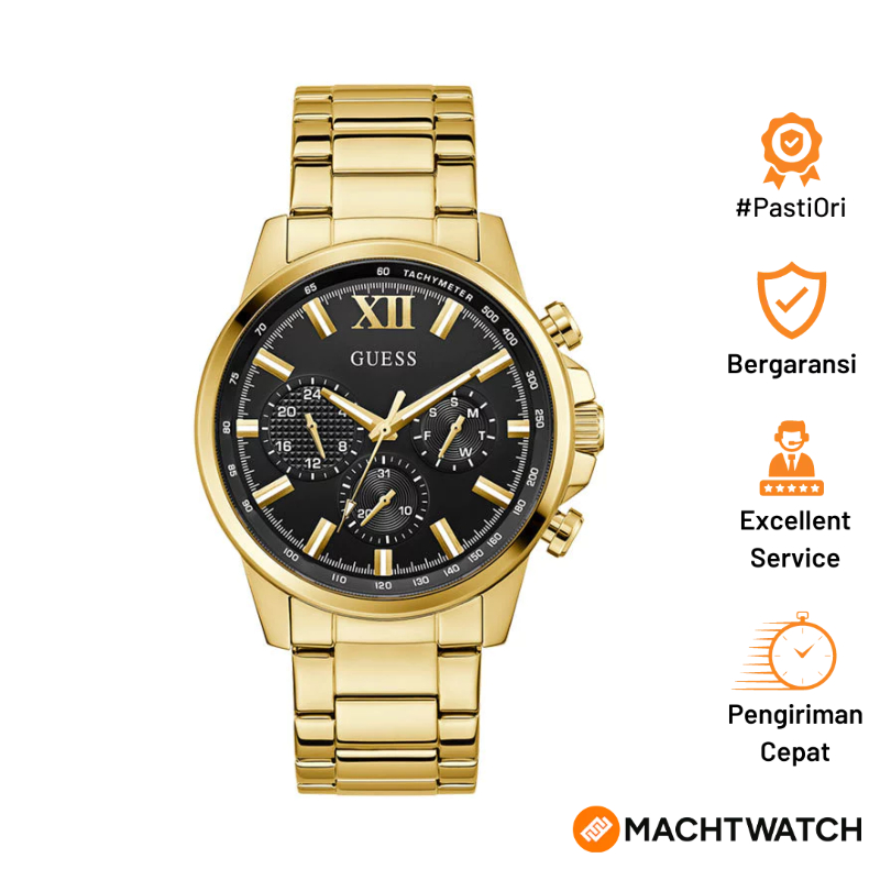 Jam Tangan Pria Guess GW0900G3 Men Multifunction Black Dial Gold Stainless Steel Strap