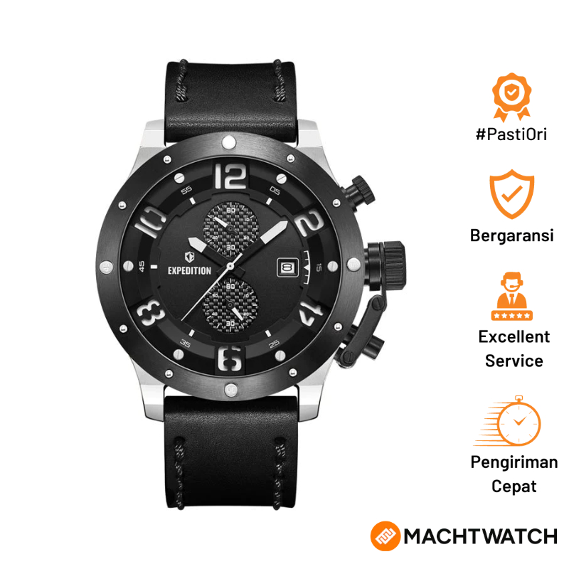 Jam Tangan Pria Expedition Chronograph E 6381 MC LTBBA-1 Men Black Dial Black Leather Strap