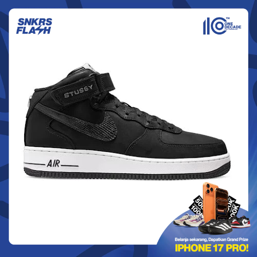 NIKE Force 1 Mid Stussy Black White Sepatu Sneakers Wanita - DJ7840001
