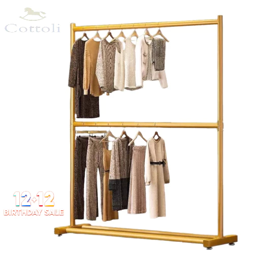 Cottoli Rak Gantungan Baju 2 Susun Gold Rak Baju Roda Stand Hanger Besi Rak Susun Berdiri