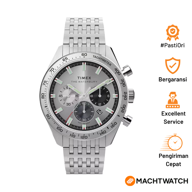 Jam Tangan Pria Timex Waterbury TW2Y18700 Traditional Chronograph Silver Dial Stainless Steel Strap