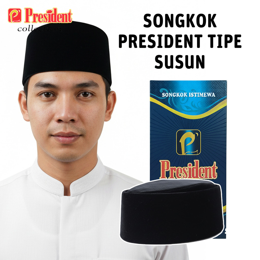 PRESIDENT – Songkok Hitam PRESIDENT SUSUN Kopiah Hitam Nyaman Dipakai Beludru Tidak Mudah Luntur